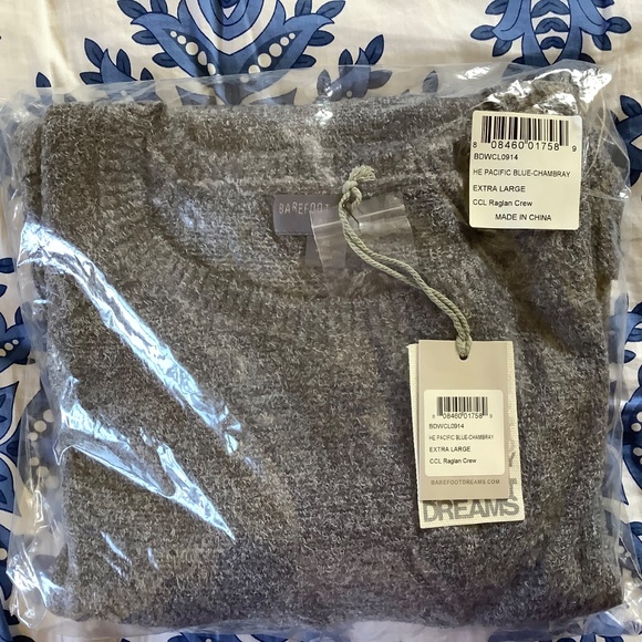 Barefoot Dreams Cozychic Lite Raglan Crew Neck Pullover Pacific Blue Chambray XL - Picture 14 of 14